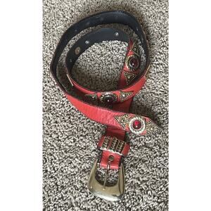 Leatherock Red Leather Belt Embellished Studded Gold Hardware 6051 Sz M Western
